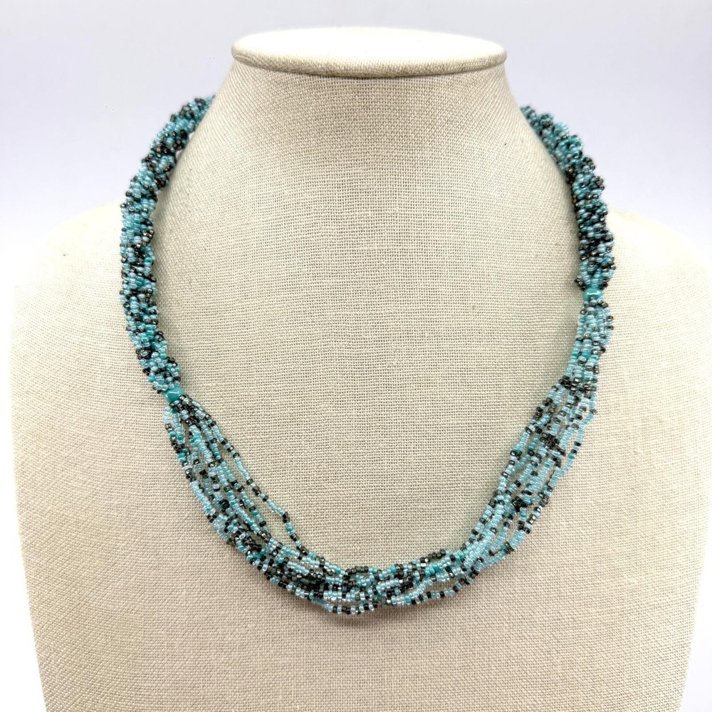 Turquoise Tone Blue Black Seed Bead Multistrand Necklace Long Twisted Statement